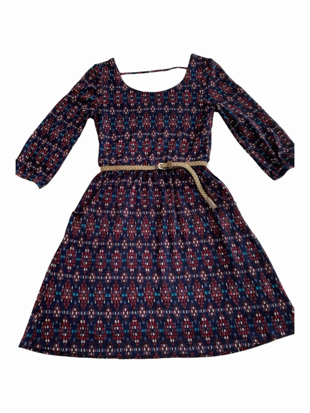 Red Camel Dress Juniors S Blue Fit & Flare Belted 3/4 Sleeve Scoop Back